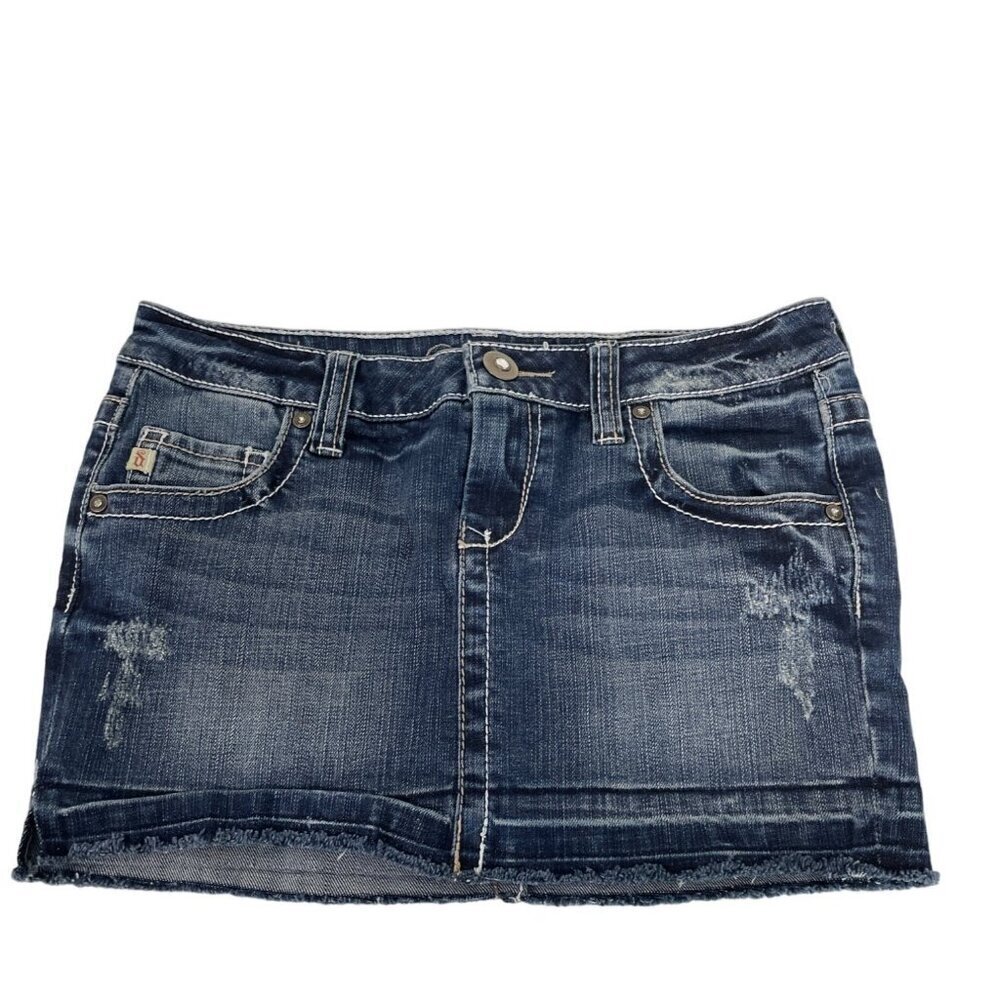 Decree Women's‎ Misses Mini Skirt Blue Denim Embroidered 5 Pocket Size 3